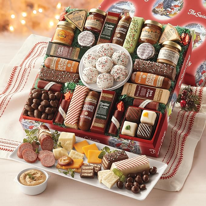 The Swiss Colony 27 Favorites Food Gift Box - Assorted Cheeses, Chocolates, and Summer Sausage Meats with Merry Christmas Petits Fours Mini Layer Cakes with Traditional Old Fashioned Candy Assortment