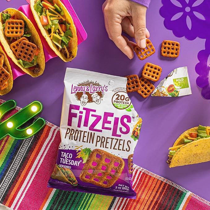 Lenny & Larry's Protein Pretzel [Taco Tuesday] FITZELS - Crunchy, Salty, Savory, Tasty Snack High in Protein - Taco Tuesday 20 g's of Plant Protein 8 Bags, 3 oz Each