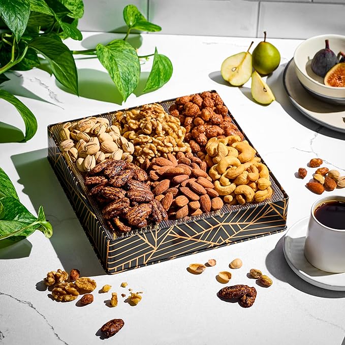 Oh! Nuts 6 Section Nuts Gift Basket - Gourmet Assorted Nut Gifts Baskets - Healthy Nuts Gift Square Metal Tin Box - Premium Food Gift for Birthday, Holiday, Movie Night, Corporate, Men & Women