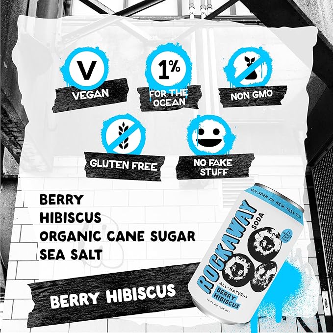 ROCKAWAY Berry Hibiscus Soda Drinks - Low calorie drinks made from Real Fruit Juice, All Natural - Soda Pop Drinks Gluten Free, Vegan, GMO Free - 12oz (12 Pack)