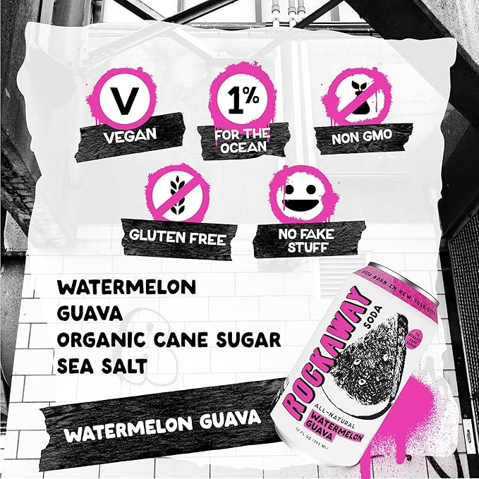 ROCKAWAY Watermelon Guava Soda Drinks - Low calorie drinks made from Real Fruit Juice, All Natural - Soda Pop Drinks Gluten Free, Vegan, GMO Free - 12oz (12 Pack)