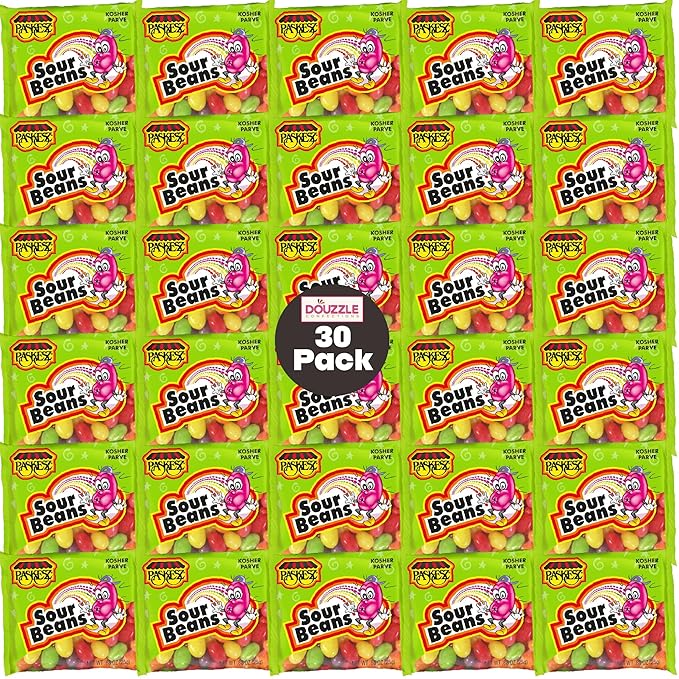 DOUzzle Valentines Day Sweet Treats, Sour Jelly Beans Chewy Candies, Mini Packs (30 Count, 1 Pack) Individually Wrapped, Party Favor, Goodie Bag & Pinata Filler - Kosher Parve