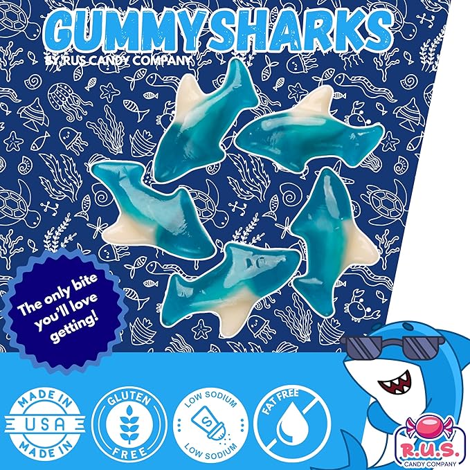 Blue Gummy Sharks- 1 Pound Bag | R.U.S. Candy Company | Chewy Fruity Candy | Fun Ocean-Themed Treats for Parties, Candy Buffets & Movie Nights (1 Pound)