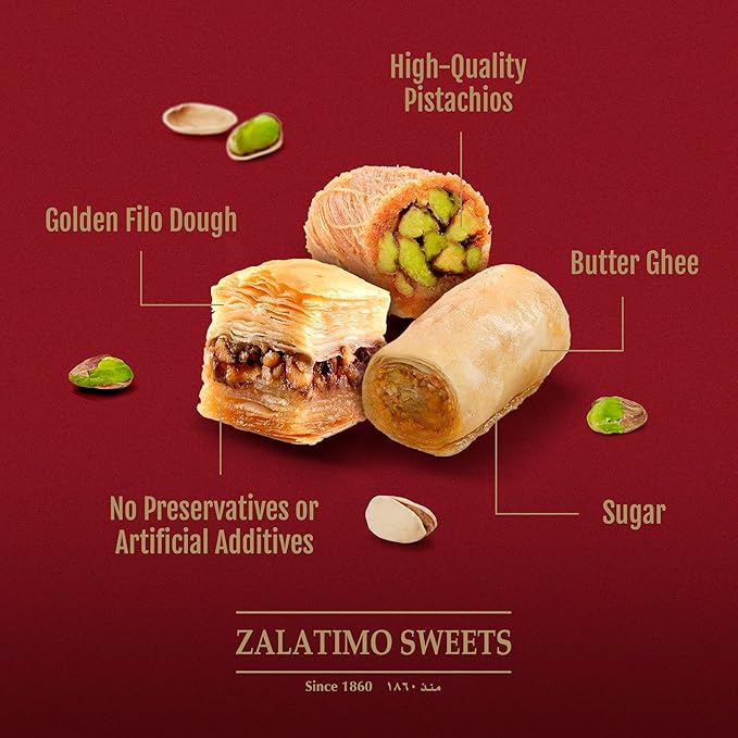 Zalatimo Sweets Since 1860 Middle Eastern Assorted Baklava 1.8lb - Handmade Mediterranean Sweets square Metal Gift Tin - No Syrup,or Additives - Ramadan, Christmas, Birthdays, Weddings, Holidays