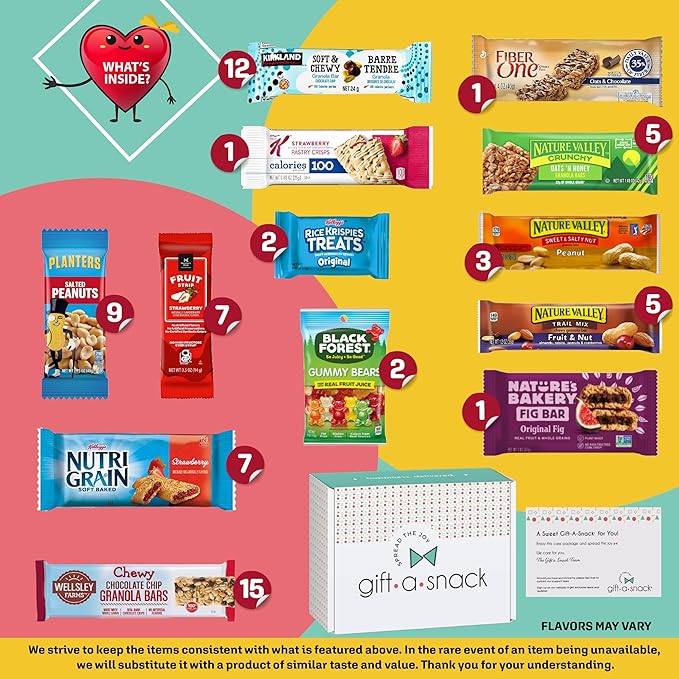Gift A Snack - Healthy Granola Breakfast Bars, Snack Box Care Package + Greeting Card (70 Count) Birthday Treats Gift Basket Nutritious Chips Office Food Assortments & Variety Gifts