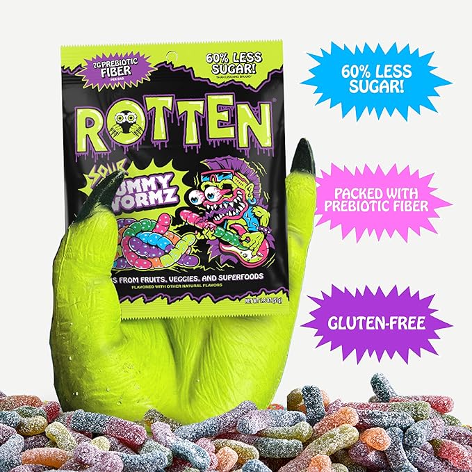 Rotten Sour Gummy Worms - Low Sugar, Low Calorie, 7g Gut-Friendly Prebiotic Fiber and 3g Protein, Gluten Free Candy - 1.8 oz - 8-Pack