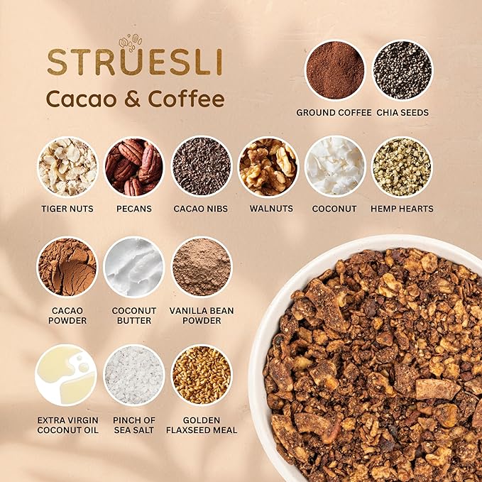 Struesli Cacao + Coffee Organic Granola, Grain & Gluten Free, Healthy Snacks with Cacao, Coffee, Tiger Nuts, Pecans, Walnuts, Hemp Hearts & Coconut Flakes, Plant Based, Keto & Paleo Friendly, 32 Oz