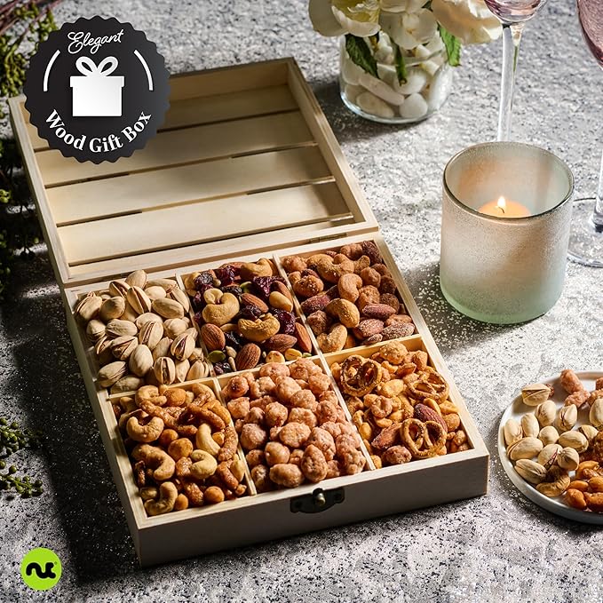 NUT CRAVINGS - Valentines Day Mixed Nuts Gift Basket in Reusable Wooden Crate (12 Assortments) Treats for Adults, Food Arrangement, Healthy Snack Care Package, Kosher