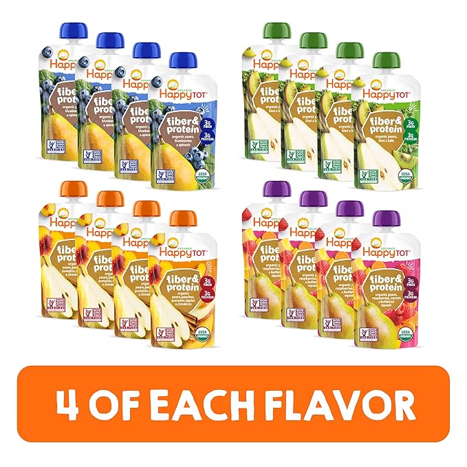 Happy Tot Organics Super Foods Stage 4, Pears, Blueberries & Beets (Pack of 16) & Stage 4 Fiber & Protein 4 Flavor Variety Pack (Pack of 16)
