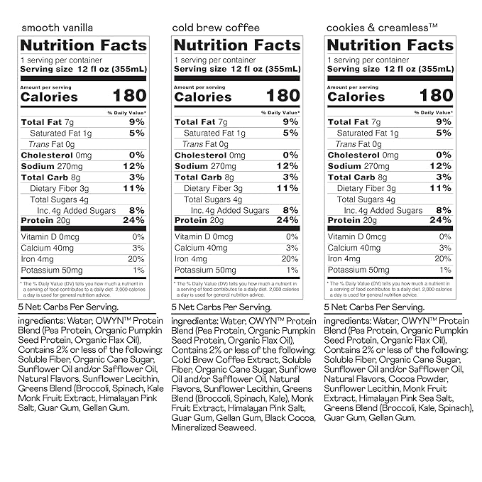 OWYN Only What You Need Protein Shake Variety Pack, Vanilla, Cold Brew Coffee, Cookies and Creamless Flavored Protein Shakes, 20g Protein, 4g Sugar, 3g Fiber, Dairy Free, Plant Based Protein, 12 CT