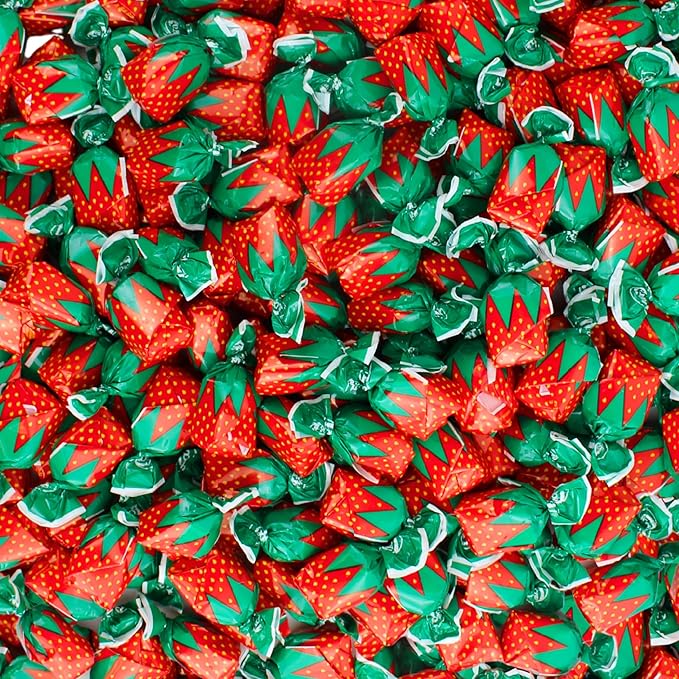Hard Strawberry Candy - Individually Wrapped Strawberry Candies with Soft Center - Filled Bon Bon Bulk Hard Candies - Grandma's Candy - Classic Berry Shaped Fruit Filled Bonbons (1 Pound)