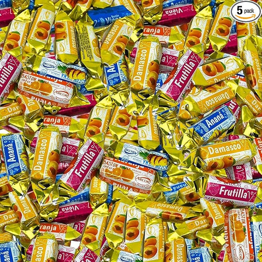 Fruity Hard Candy Filled With Real Fruit Pulp - 1 lbs - Peach, Strawberry, Pineapple, Orange and Lemon Flavored Bon Bons Filled with Real Fruit Pulp - American Vintage Candy Snack Assortment - Individually Wrapped, 16 oz.