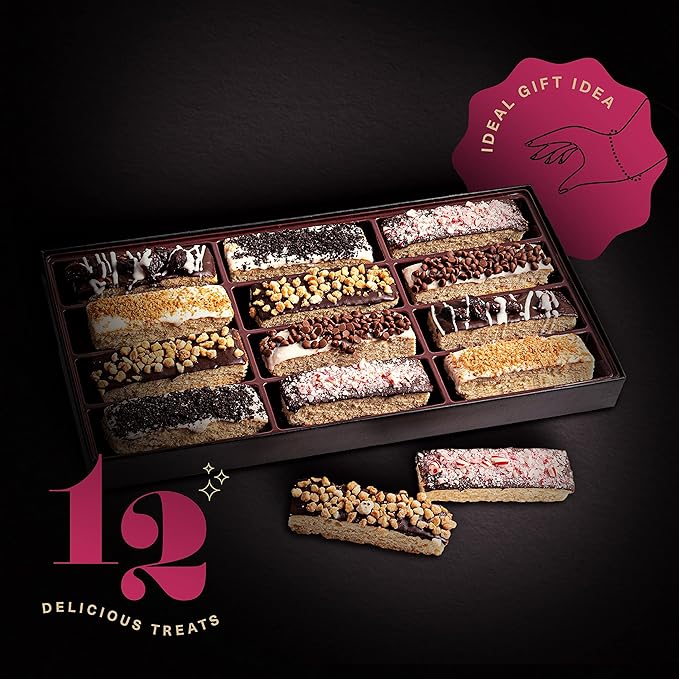KREMERY Creamy Chocolate Cravings - Valentines Day Chocolate Covered Biscotti Cookies Gift Basket, in Elegant Gift Box (12 Biscotties, Assorted Sweet Toppings) Sweet Treats Food Arrangement, Kosher