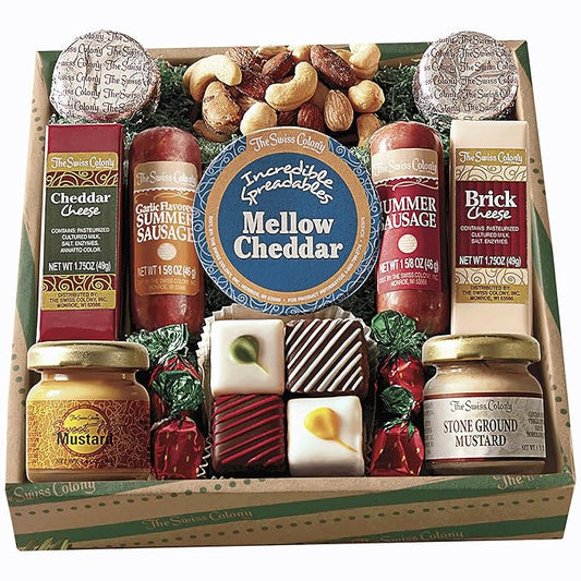 The Swiss Colony Holiday High Notes Gift Basket Assorted Summer Sausage Meats and Cheeses, Chocolate Treats, Snacks for Adults, Women, Men, Charcuterie Boards, Thank You Gifts