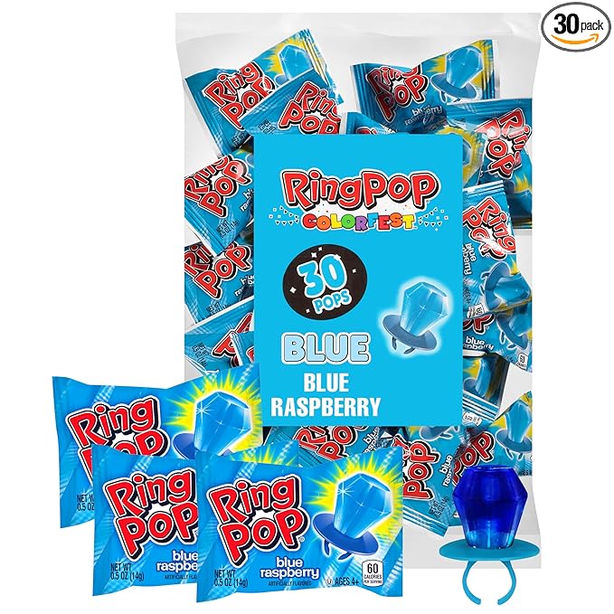 Ring Pop Blue Candy, 30 Ct Individually Wrapped Bulk Lollipop Pack, Blue Raspberry Flavored Lollipop Suckers for Kids, Fun Candy Bulk for Valentine's Gifts, Goodie Bags, Party Favors