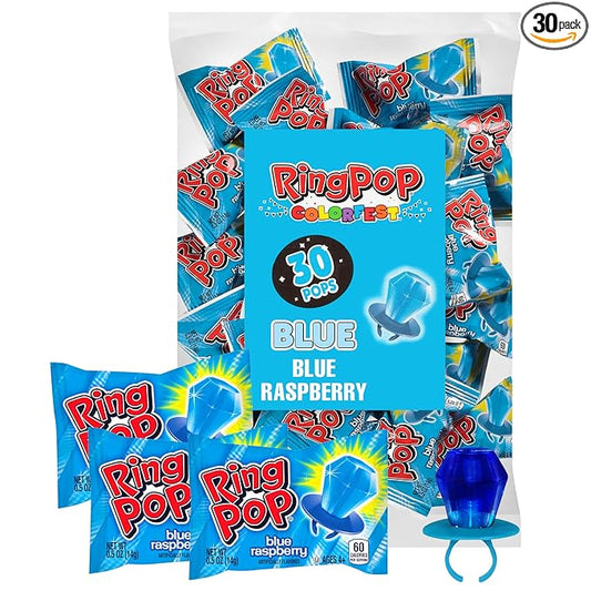 Ring Pop Blue Candy, 30 Ct Individually Wrapped Bulk Lollipop Pack, Blue Raspberry Flavored Lollipop Suckers for Kids, Fun Candy Bulk for Valentine's Gifts, Goodie Bags, Party Favors
