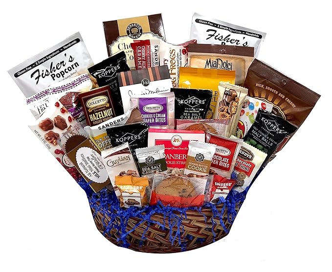 Hand-Crafted 28 Piece customizable chocolate gift basket of gourmet chocolates, cookies, and crunches. Tasty treats selected for businesses, clients, employees, birthdays, thank you and more!