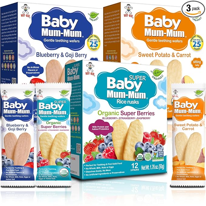Baby Mum-Mum Organic Gentle Teething Crackers, Belueberry & Goji Berry, Super Berry, Sweet Potato & Carrot Variety Pack | 24 Count (Pack of 3) | Gluten Free, Allergen Free, Non-GMO Baby Snacks |