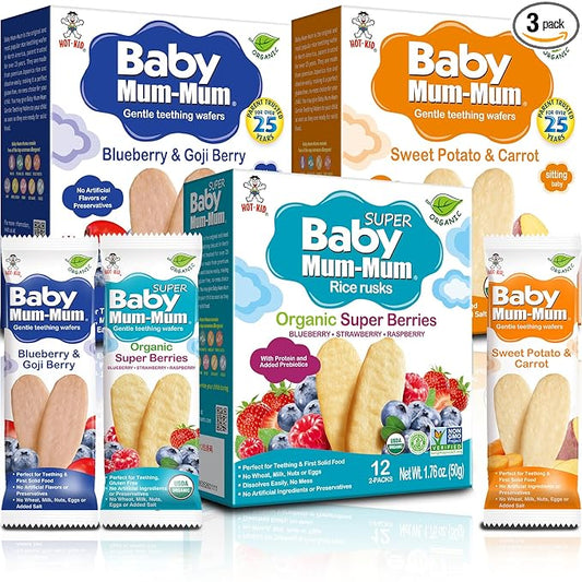 Baby Mum-Mum Organic Gentle Teething Crackers, Belueberry & Goji Berry, Super Berry, Sweet Potato & Carrot Variety Pack | 24 Count (Pack of 3) | Gluten Free, Allergen Free, Non-GMO Baby Snacks |