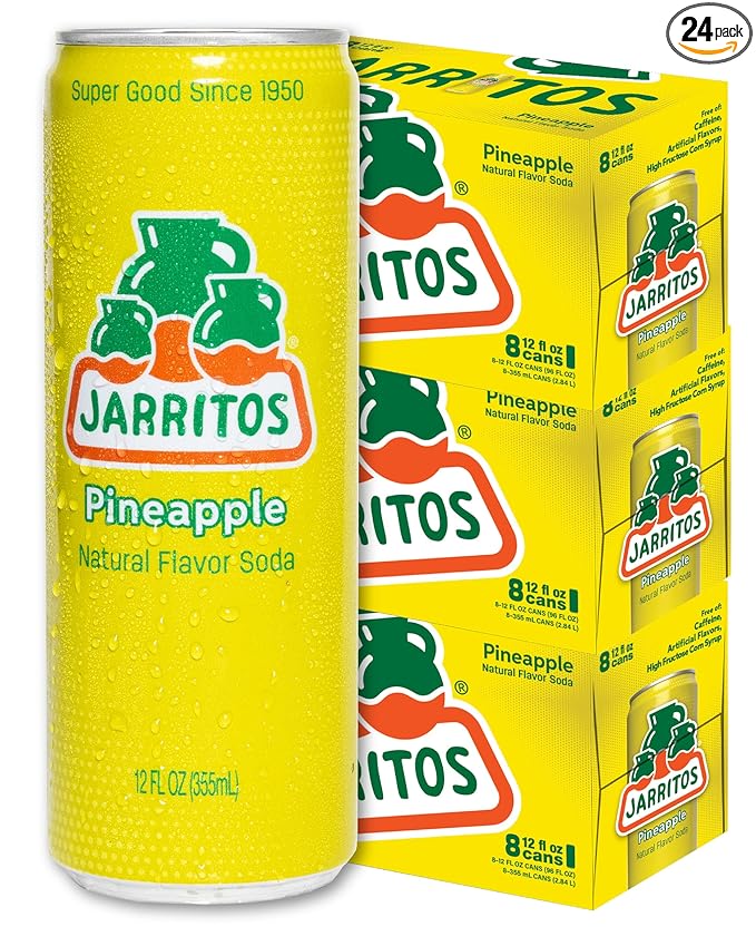 Jarritos - Mexican Soda Soft Drinks, Pineapple (12 oz, 355ml) 24 Cans (3 Boxes of 8) - Real Cane Sugar - 0g Fat - Made in Mexico - Natural Flavor Soda Pop - Party & BBQ Beverages