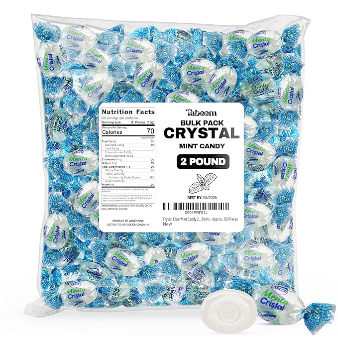 Crystal Mint Candy 2 Pound Bulk Pack Holiday Candies - Approx. 200 Individually Wrapped Hard Clear Mint Candies for Office, Parties, and Candy Bowls - Taboom