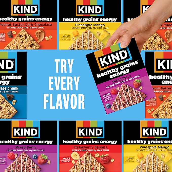 KIND Healthy Grains Energy® Bars 30ct Variety Pack, Dark Chocolate Chunk, Peanut Butter Dark Chocolate, and Mixed Berry, 18-21g Whole Grains, Made with Super Grains, Gluten Free Snacks