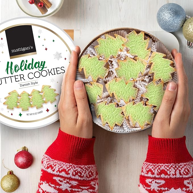 Mattigan's Holiday Cookies, Danish Style Assorted Butter Cookies, 12 oz Tin, Christmas Cookie Gift Set, Gourmet Gifts, Holidays, Christmas & Stocking Stuffer, Special Occassions Reusable Metal Tin