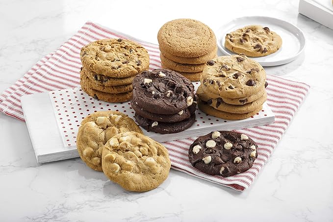 Mrs. Fields Crimson Abundant Combo Tower - Assorted with 48 Original Sized Cookies, 78 Nibblers Bite-Sized Cookies, and 2 Bags Toffee Nut Popcorn (128 Count)