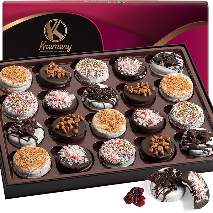 KREMERY Creamy Chocolate Cravings - Valentines Day Chocolate Covered Sandwich Cookies & Cream Gift Basket, in Elegant Gift Box (20 Cookies, Assorted Sweet Toppings) Sweet Treats, Kosher