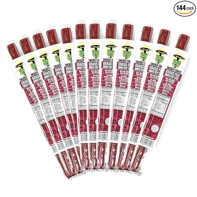 Smokey Sweet, Sogo Snacks, 100% Grass Fed Beef Sticks. Non-GMO, No Nitrates. Gluten Free Beef Jerky. Soy Free and Dairy Free Snacks. No Nuts or MSG. Paleo & Keto Snack (Smokey Sweet, 144 Cnt)