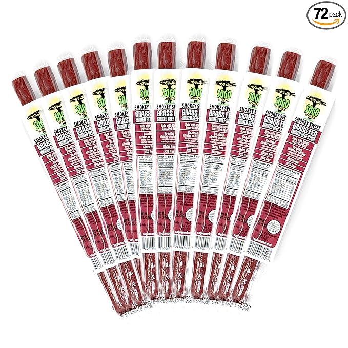 Smokey Sweet, Sogo Snacks, 100% Grass-fed, Non-GMO Beef Sticks. No Added Nitrates, Gluten, Nuts or MSG. Soy Free, Dairy Free Snacks. Paleo & Keto Snack (Smokey Sweet, 72 Cnt)