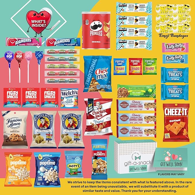 Gift A Snack - Get Well Soon Snack Box Variety Pack Care Package + Greeting Card (45 Count) Feel Better Sweet Treats Gift Basket, Candies Chips Crackers Bars - Office Food Assortments