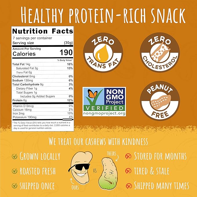 Sunshine Nut Company Whole Roasted Lightly Salted Cashews, Sprinkling of Salt Flavor, 2 Pack, 7 oz. Each, Gluten Free, Peanut Free and Vegan Individual Snack Packs for Kids and Adults, GMO Free