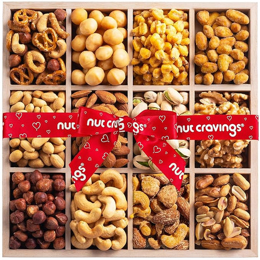 NUT CRAVINGS - Valentines Day Mixed Nuts Gift Basket in Reusable Wooden Tray + Heart Ribbon (12 Assortments) Treats for Adults, Food Arrangement, Healthy Snack Care Package, Kosher