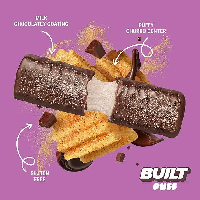 Built Bar, Puff Protein Bars, Churro Puff, 17g Protein Snacks, On-The-Go Bars, Only 140 Calories & 7g Sugar, Collagen, Gluten Free, 12 Count