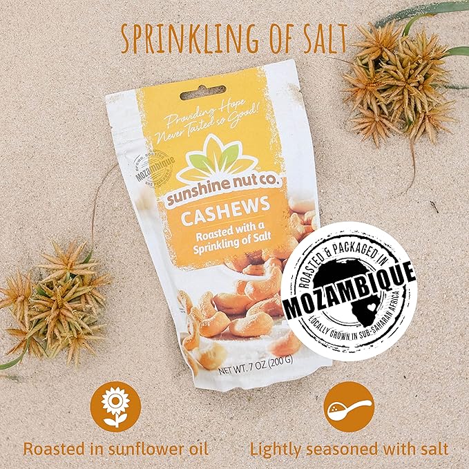 Sunshine Nut Company Whole Roasted Lightly Salted Cashews, Sprinkling of Salt Flavor, Single 7 oz. Bag, Gluten Free, Peanut Free and Vegan Individual Snack Packs for Kids and Adults, GMO Free
