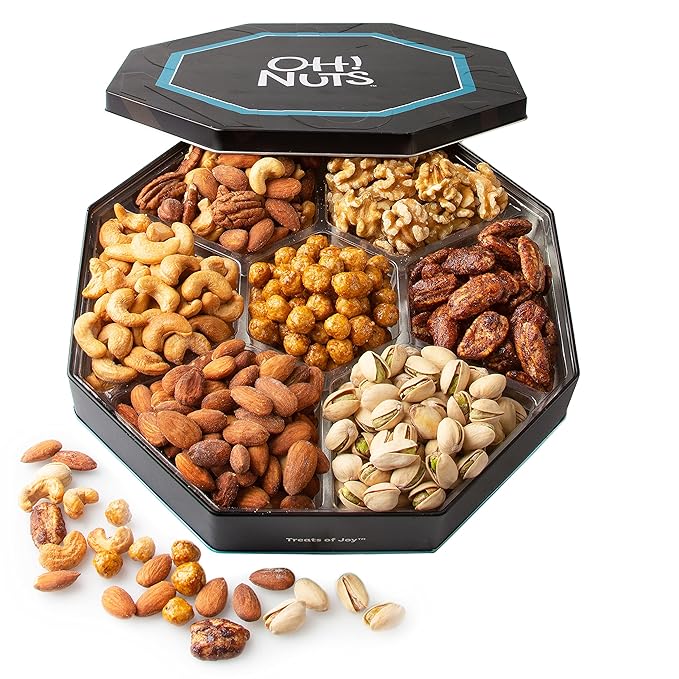 Oh! Nuts Gift Basket 7 Section Assorted Gift Tin Box - Gourmet 7 Variety Fresh Roasted Nuts - Healthy Snacks for Birthday, Anniversary, Family Party, Movie Night - for Men & Women