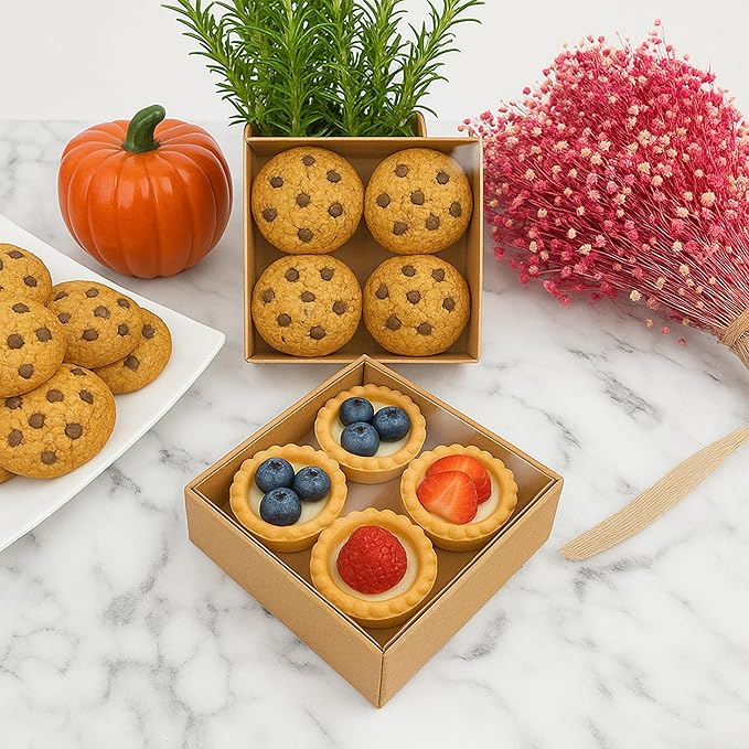 Diakarma Gift Boxes with Clear Cover, Bakery Treat Boxes for Small Cakes, Cookies, Desserts, Donuts, Pastries, Gifts, and Party Favors – Durable & Elegant (10 Pieces Brown Kraft, 4"x4"x1.2")