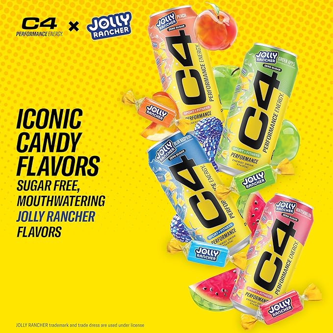 Cellucor C4 Performance Energy Drink | Jolly Rancher Variety Pack | Zero Sugar Carbonated Preworkout Energy | 200mg Caffeine with Beta Alanine | 16 Fl Oz Can (12 Pack)