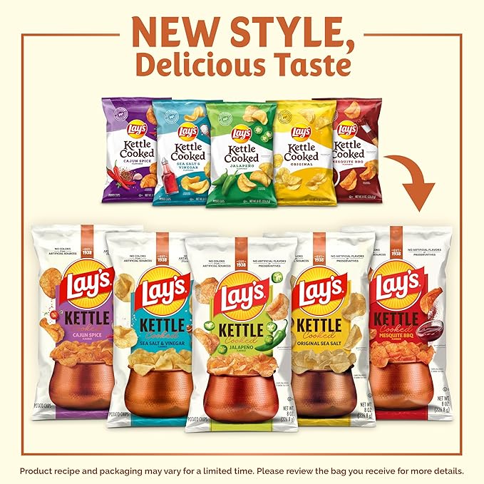 Lay's Kettle Cooked Potato Chips, 40% Less Fat Jalapeño Cheddar, 1.375 Ounce (Pack of 64)