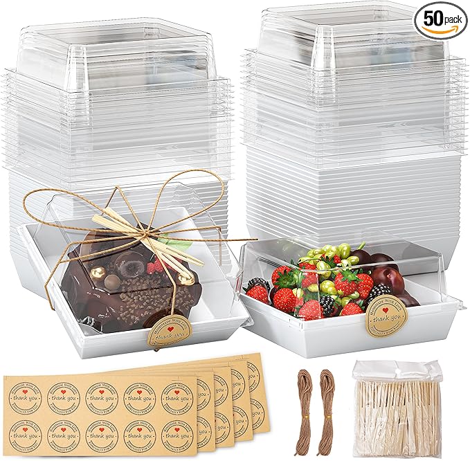 EffiQ-Rate 50 Pack Charcuterie Boxes with Clear Lids - To Go Paper Mini Charcuterie Box,Disposable Food Containers,White Dessert Boxes for Sandwich,Cookie,Sushi-Includes Strings,Stickers,and 100 Forks