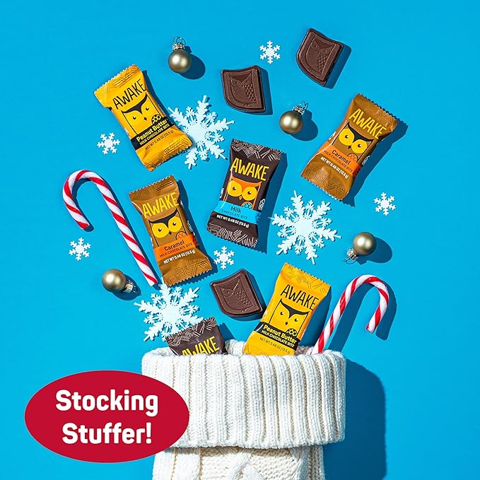 AWAKE - Caffeinated Chocolate Bites - 50mg Caffeine per bite - Winter Wake Up Variety Pack (3 Flavors), 50 Bites - Peanut Butter, Milk, & Caramel - Energy Bites - Coffee Alternative - Fairtrade, Gluten Free, Non GMO - 0.48oz each