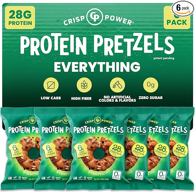Crisp Power Protein Pretzels, Everything, High Protein Snack, 28G Protein, Low Carb Crunchy Pretzel Snacks, No Added Sugar, No Seed Oils, 1.75 oz Bags, 6 Pack, Vegan, Plant-Based, Keto