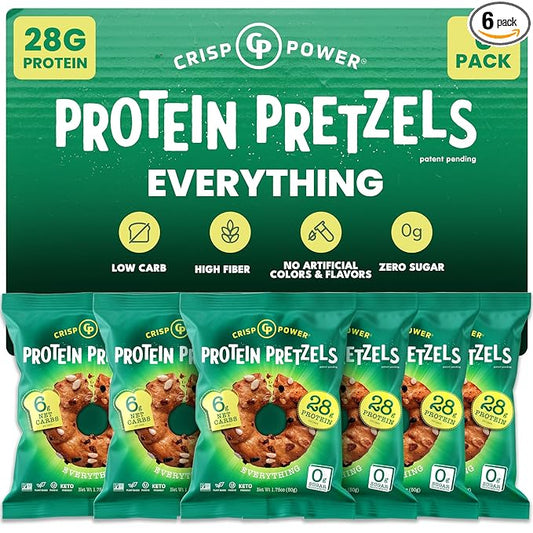 Crisp Power Protein Pretzels, Everything, High Protein Snack, 28G Protein, Low Carb Crunchy Pretzel Snacks, No Added Sugar, No Seed Oils, 1.75 oz Bags, 6 Pack, Vegan, Plant-Based, Keto
