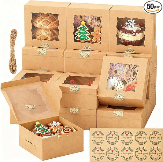 EffiQ-Rate 50 Pack Cookie Boxes with Window, 6x6x3 Inches Bakery Boxes, Pastry Boxes for Cookies, Pastries, Desserts, Cakes, Donuts, Macarons, with 50 Stickers and 5 Bundles of Twine