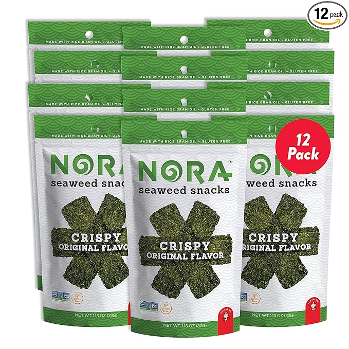 Original Crispy Seaweed Snacks by Nora, Low-Carb Healthy Snacks for Adults, Thick Nori Sheets Snack Strips, Asian Snacks, Vegan, Gluten-Free, Non-GMO, 12-Pack