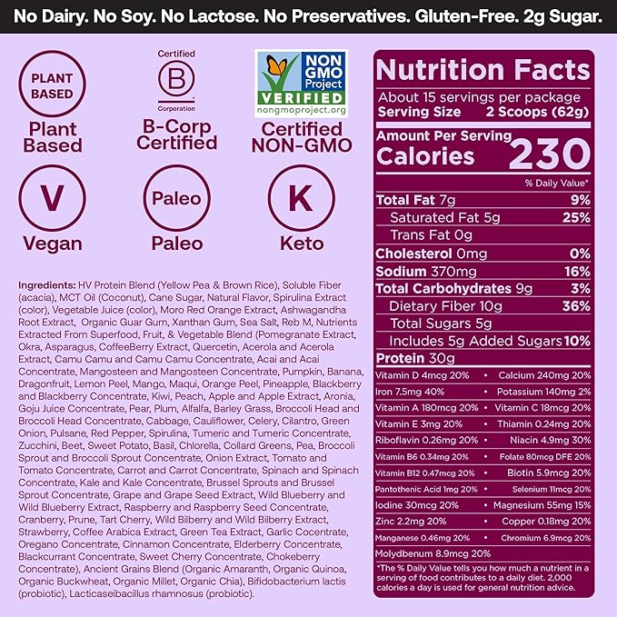 Happy Viking Berry Parfait Protein + Superfoods Powder, Created by Venus Williams, 30G Protein, Low Carb, Keto, Vegan, Gluten-Free, Non-GMO, Complete Meal Replacement, 1 Bag