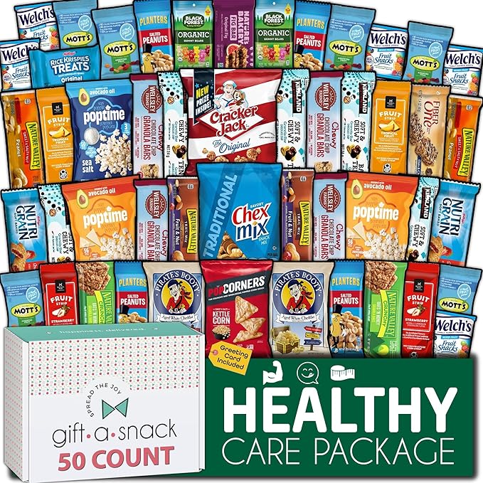 Gift A Snack - Valentines Day Healthy Snack Box Care Package + Greeting Card (50 Count) Birthday Treats Gift Basket, Nutritious Granola Breakfast Bars Office Food Assortments & Variety Gifts