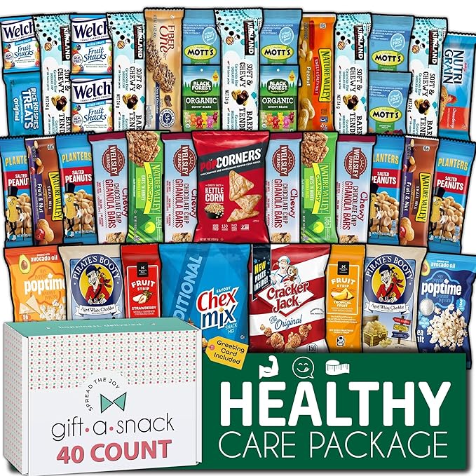 Gift A Snack - Valentines Day Healthy Snack Box Care Package + Greeting Card (40 Count) Birthday Treats Gift Basket, Nutritious Granola Breakfast Bars Office Food Assortments & Variety Gifts