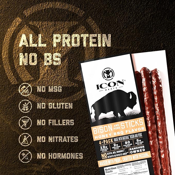 ICON Meats Bison and Pork Snack Sticks, Honey BBQ, 6 Pack High Protein Snacks, 4 Meat Sticks per Pack, Low Sugar, Gluten Free, Natural, USDA Inspected, Made in the USA, Gifts & Stocking Stuffers